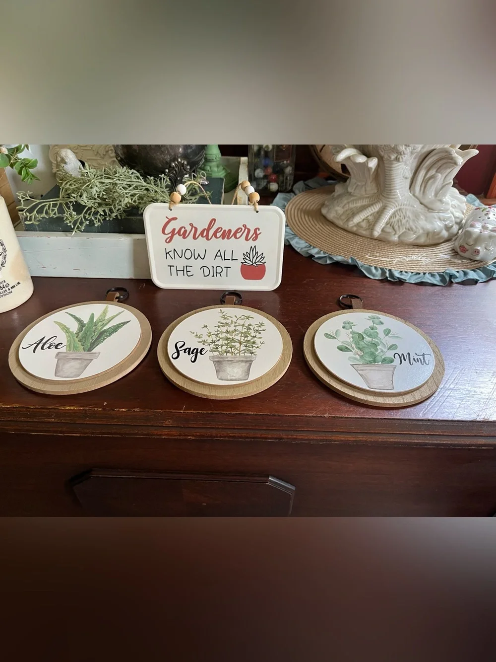 Gardeners Collection. One small gardener metal sign & Set of 3 Herb Signs